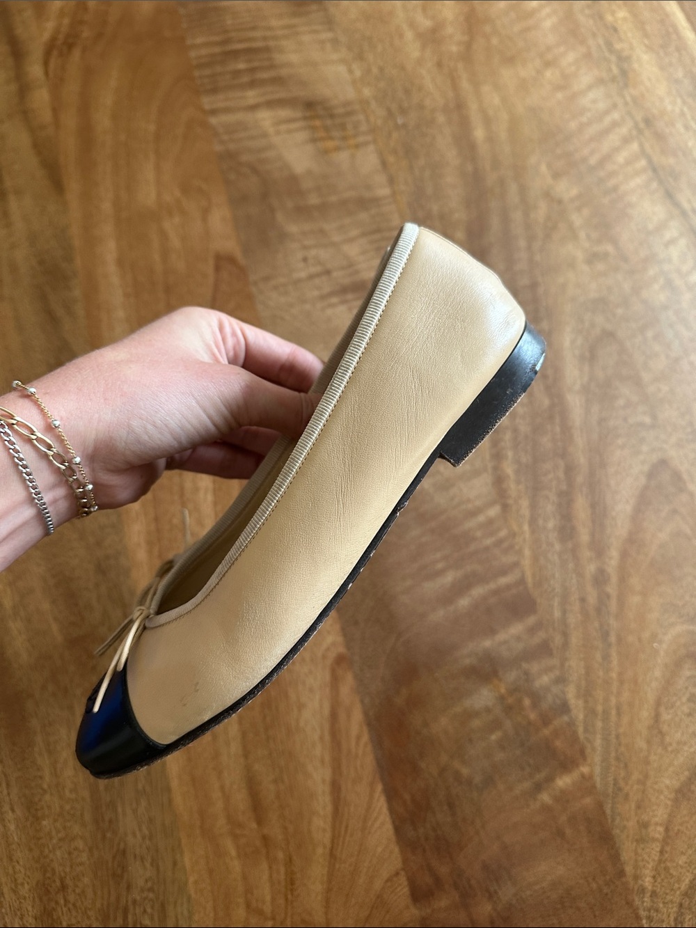 CHANEL Beige Black Cap Toe Bow Ballet Flats Size 36.5 Tan Black - Picture 6 of 9